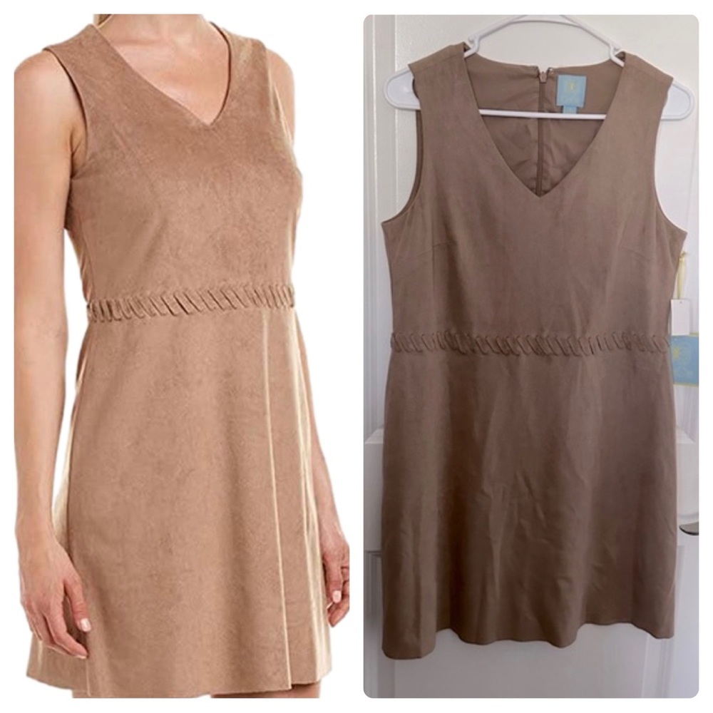 CECE sleeveless suede style dress tan v neck womens size 6